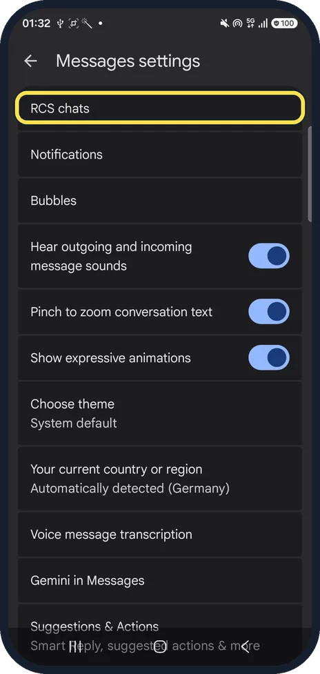 Android screenshot: Tap RCS chats