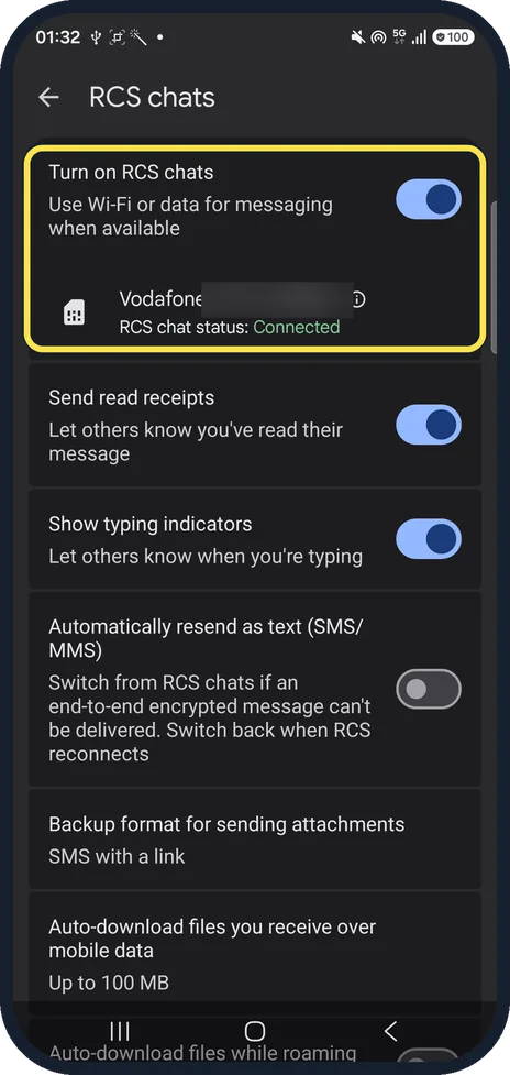 Android screenshot: Turn it on and check the status