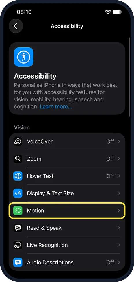iPhone screen: Tap Motion
