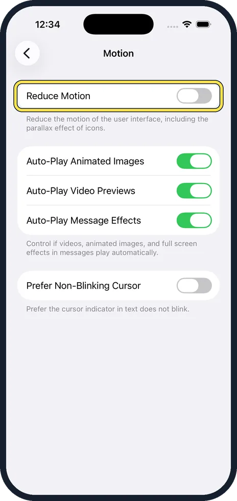 iPhone screen: Switch on Reduce Motion