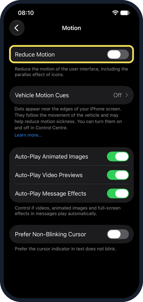 iPhone screen: Switch on Reduce Motion