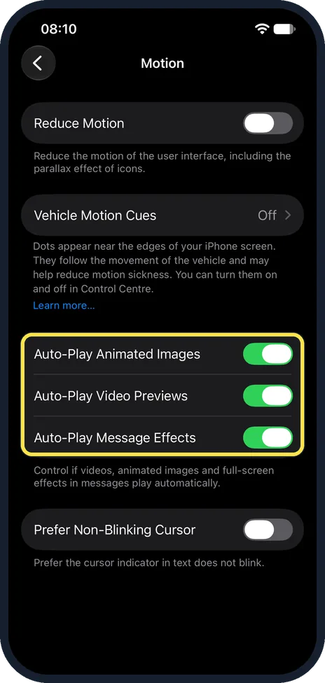 iPhone screen: Decide about the auto-play switches