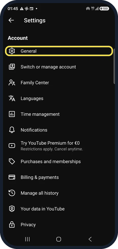 Android screenshot: Open General