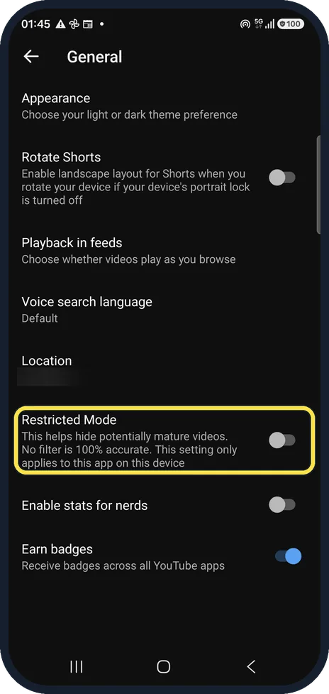 Android screenshot: Find Restricted Mode