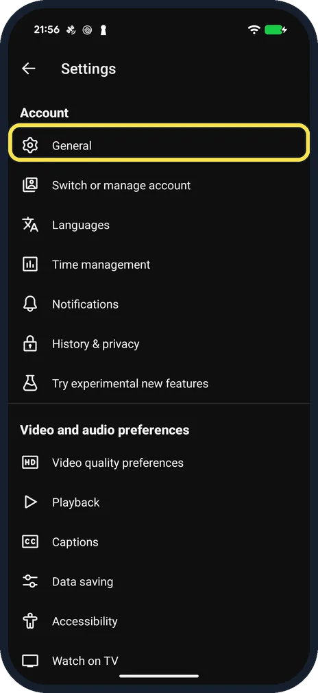 Android screenshot: Tap General