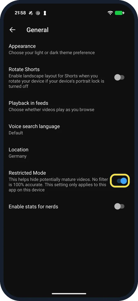 Android screenshot: Switch on Restricted Mode
