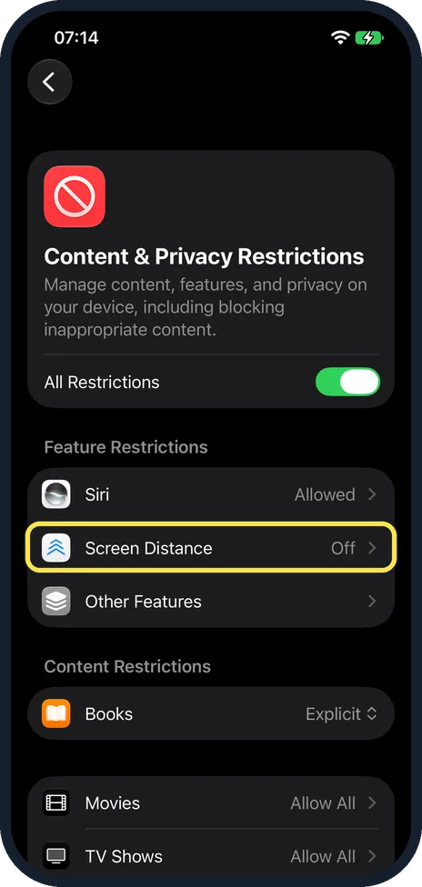 iPhone screen: Tap Content & Privacy Restrictions, then Screen Distance