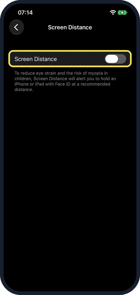 iPhone screen: Turn on the Screen Distance switch