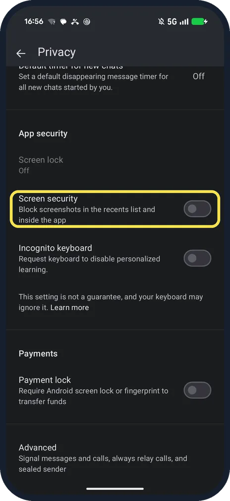 Android screenshot: Switch on Screen security