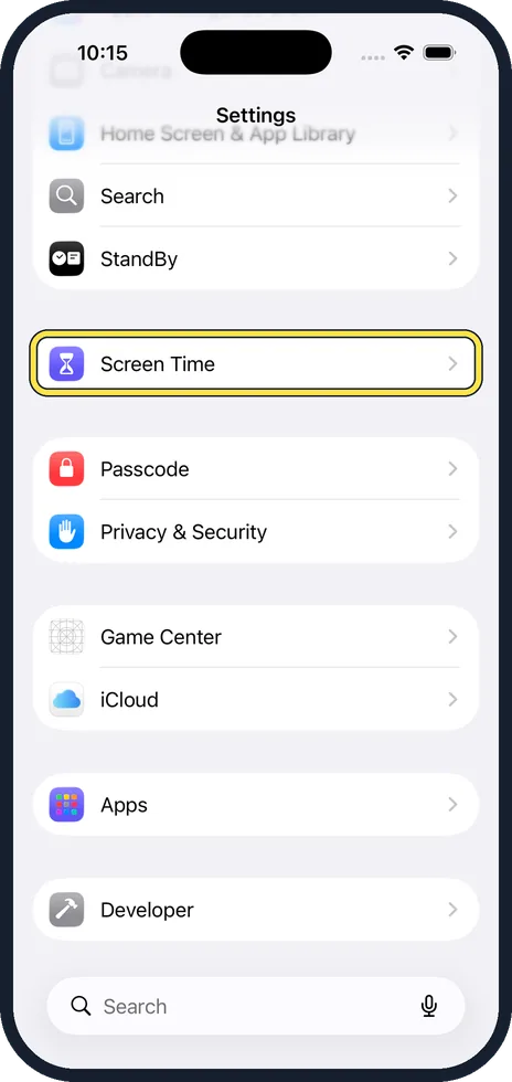 iPhone screen: Open Settings and tap Screen Time