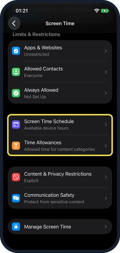iPhone screen: Tap Screen Time Schedule or Time Allowances