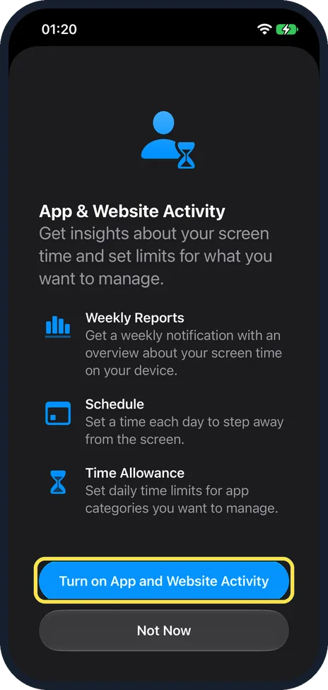 iPhone screen: Tap Turn on App and Website Activity