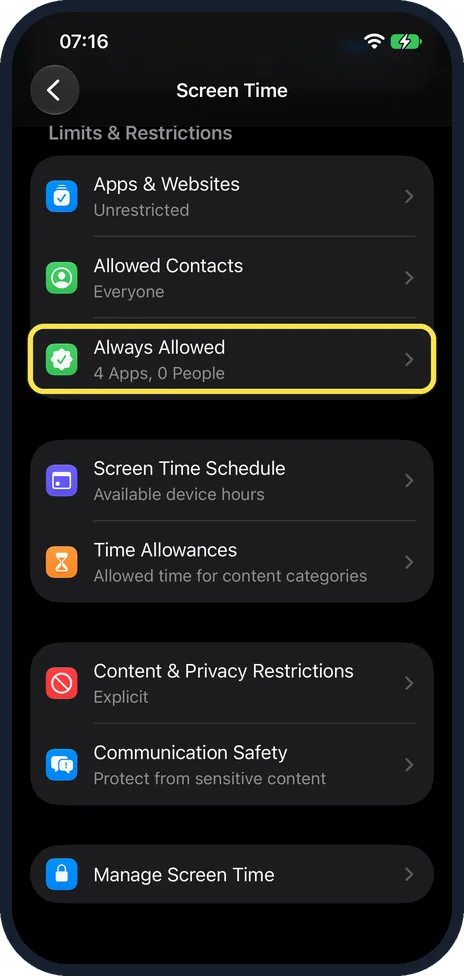 iPhone screen: Scroll down to Limits & Restrictions