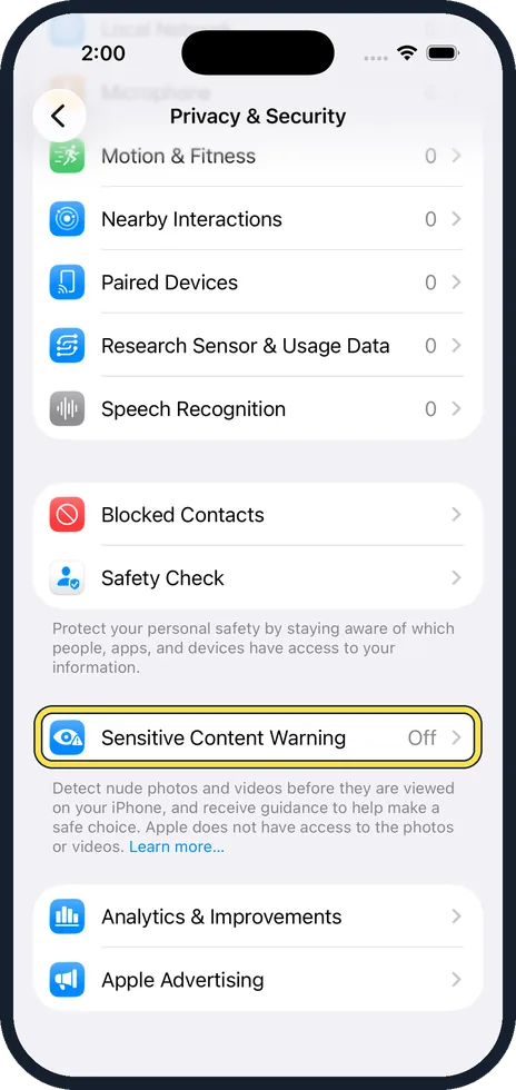 iPhone screen: Scroll down and tap Sensitive Content Warning
