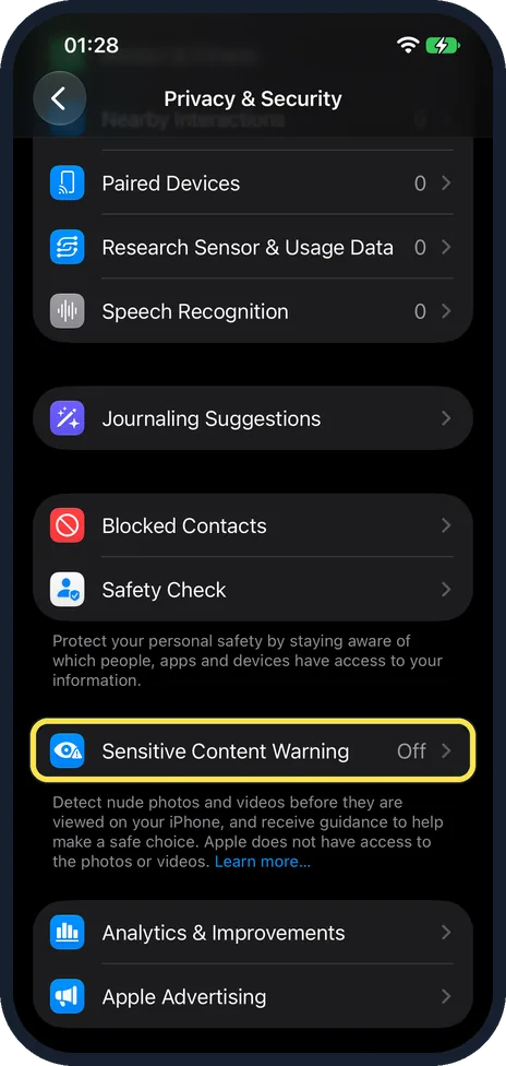 iPhone screen: Scroll down and tap Sensitive Content Warning