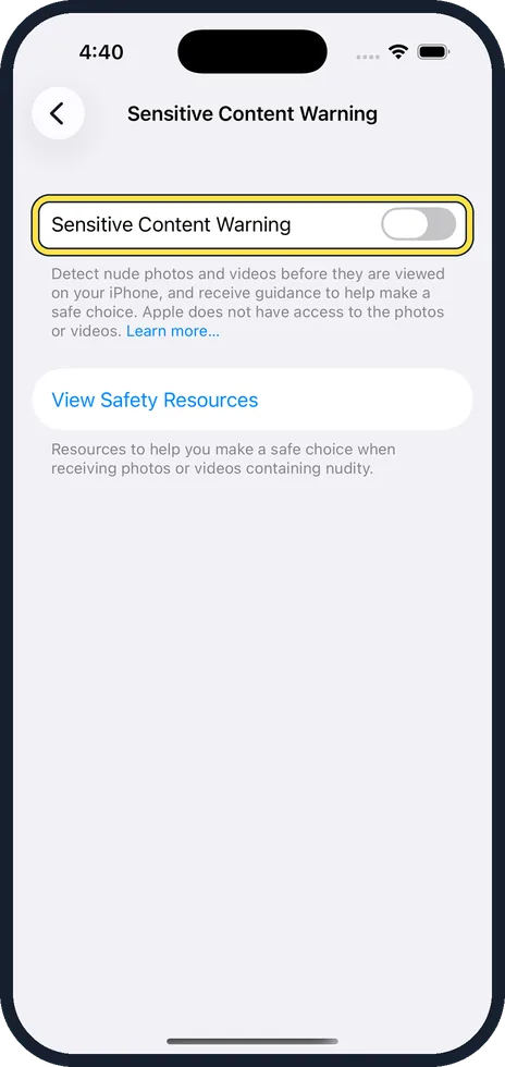 iPhone screen: Switch on Sensitive Content Warning