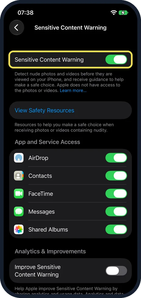 iPhone screen: Switch on Sensitive Content Warning