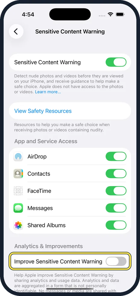 iPhone screen: Decide about sharing analytics