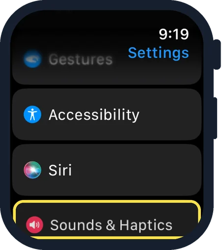 Apple Watch screen: Scroll down and tap Sounds & Haptics