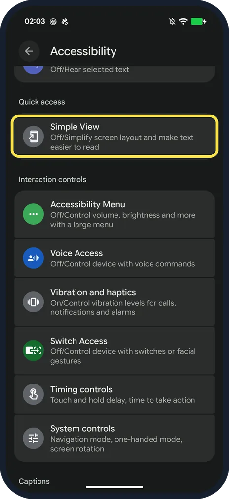 Screenshot from the guide: How to turn on Simple View on a Google Pixel (Android 17)