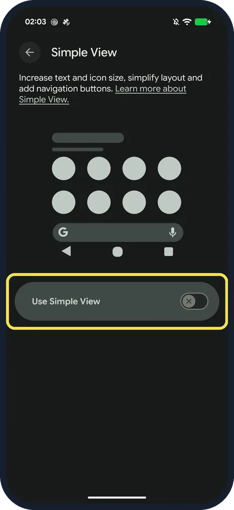 Android screenshot: Turn on Use Simple View