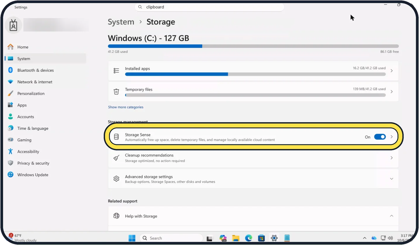 Windows screenshot: Switch on Storage Sense