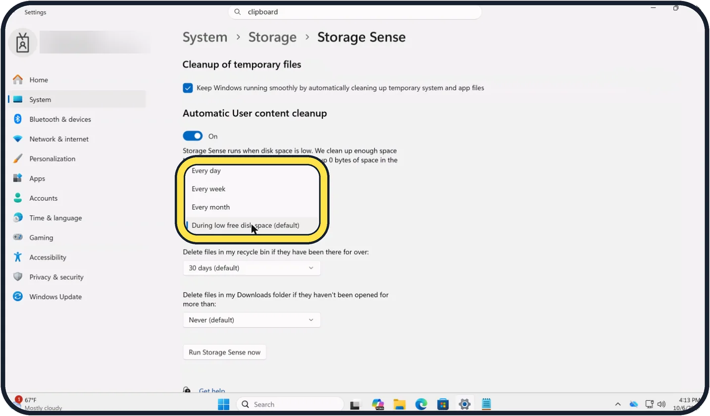 Windows screenshot: Click Storage Sense to choose how often it runs