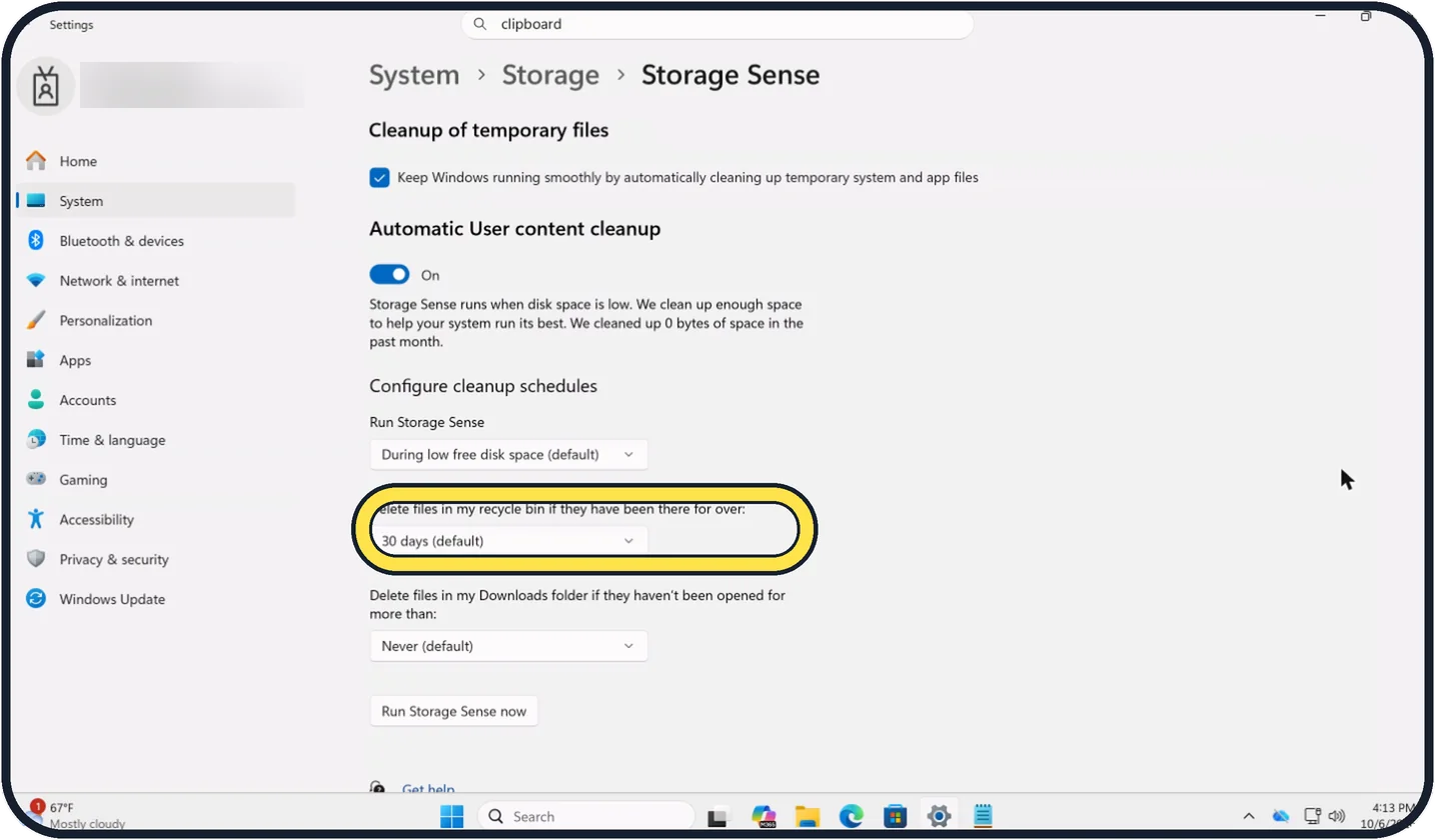 Windows screenshot: Set the Recycle Bin