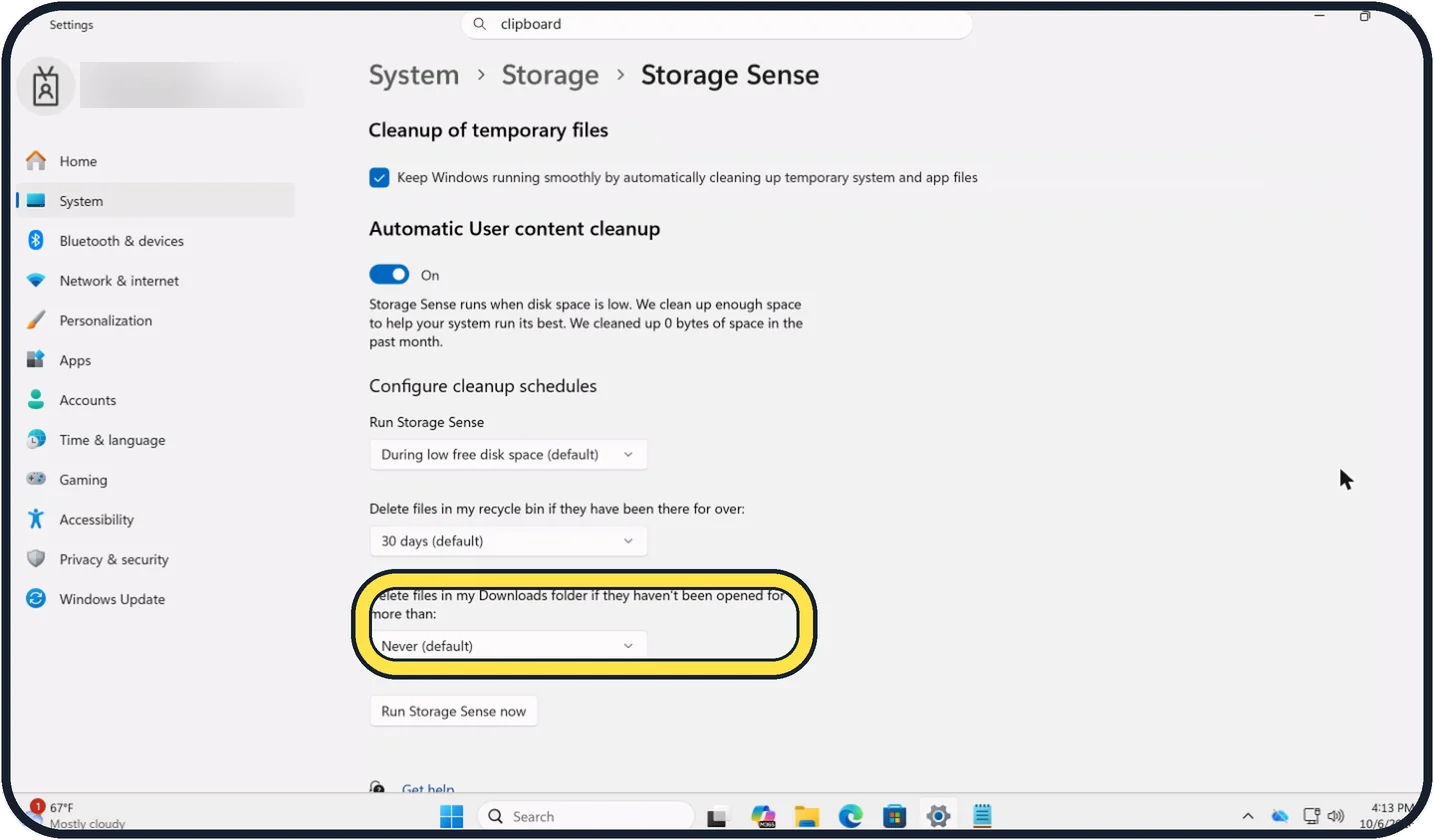 Windows screenshot: Decide about the Downloads folder