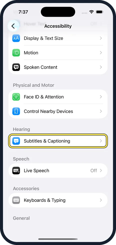 iPhone screen: Scroll to Hearing and tap Subtitles & Captioning