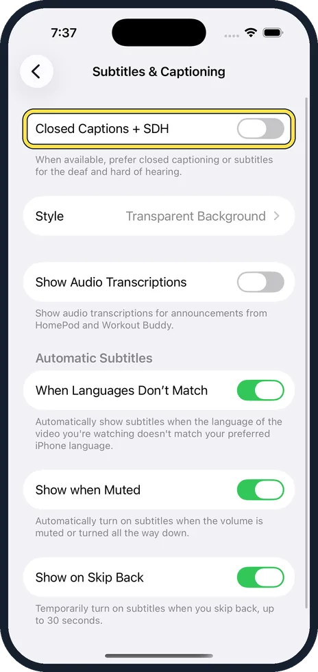 iPhone screen: Switch on Closed Captions + SDH