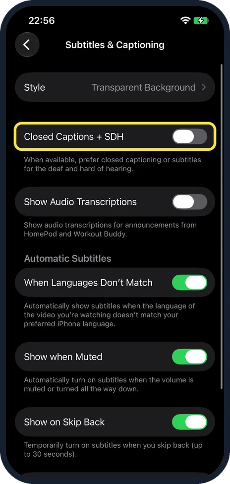 iPhone screen: Switch on Closed Captions + SDH