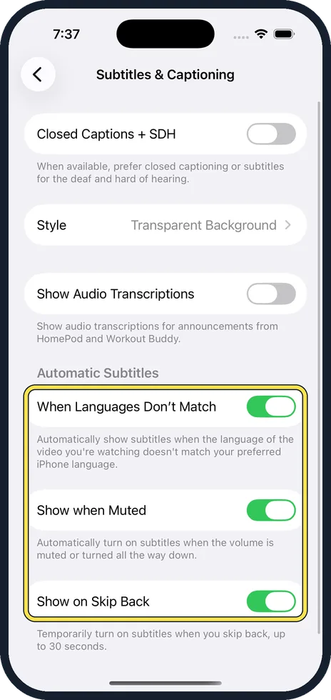 iPhone screen: Check the automatic subtitles