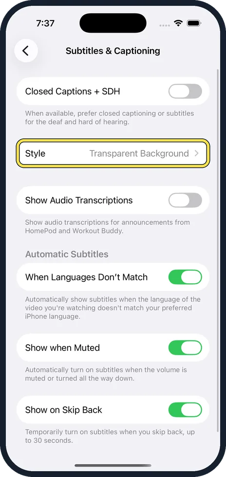 iPhone screen: Change how the captions look