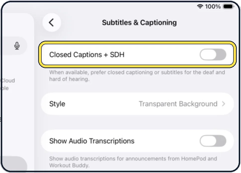iPad screenshot: Switch on Closed Captions + SDH if you prefer them