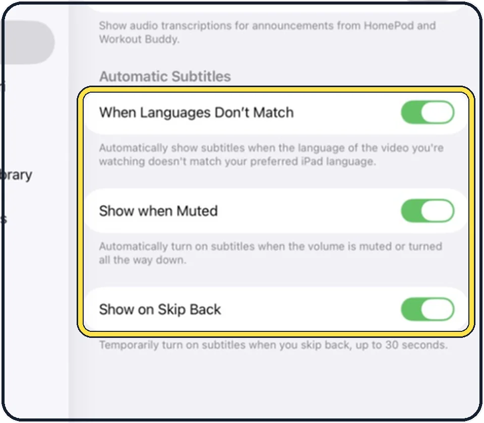 iPad screenshot: Set the three automatic switches