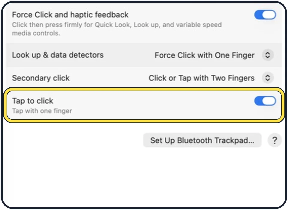 Mac screenshot: Switch on Tap to click