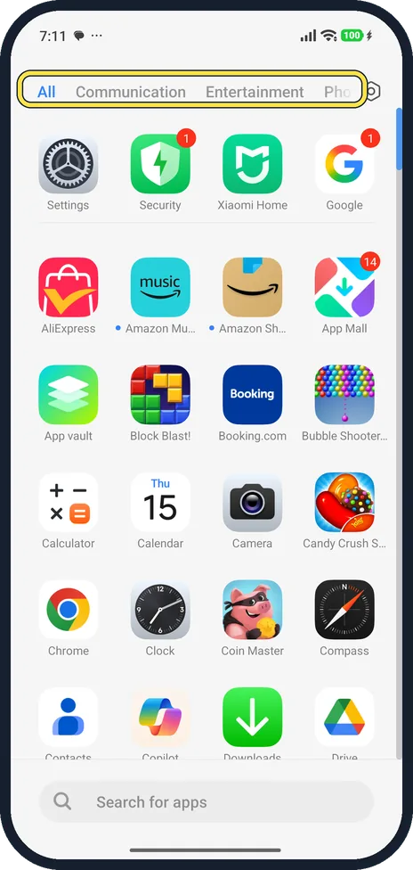 Android screenshot: Swipe up for the drawer