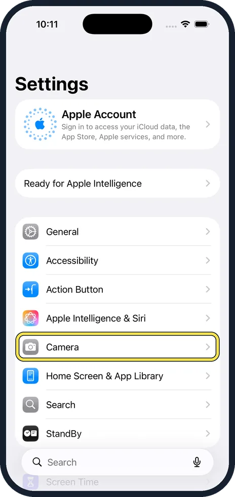 iPhone screen: Open Settings and tap Camera