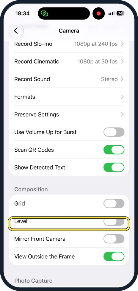 iPhone screen: Switch on Level
