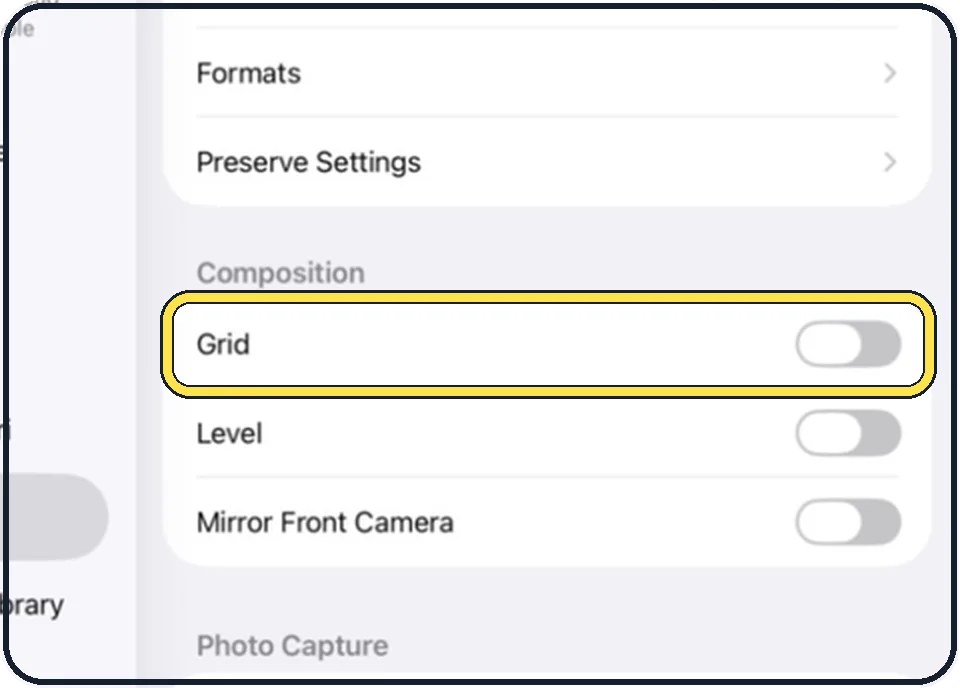 iPad screenshot: Switch on Grid