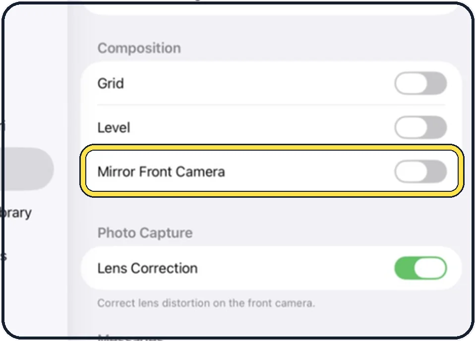 iPad screenshot: Switch on Mirror Front Camera