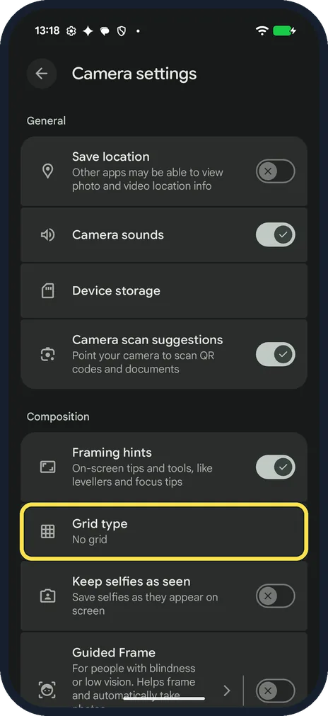 Android screenshot: Tap Grid type