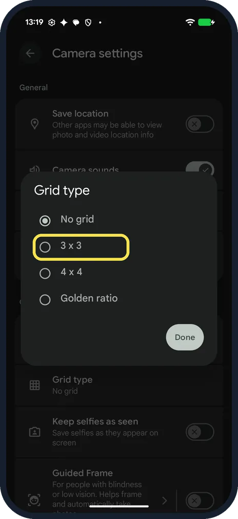 Android screenshot: Pick 3 x 3 and tap Done