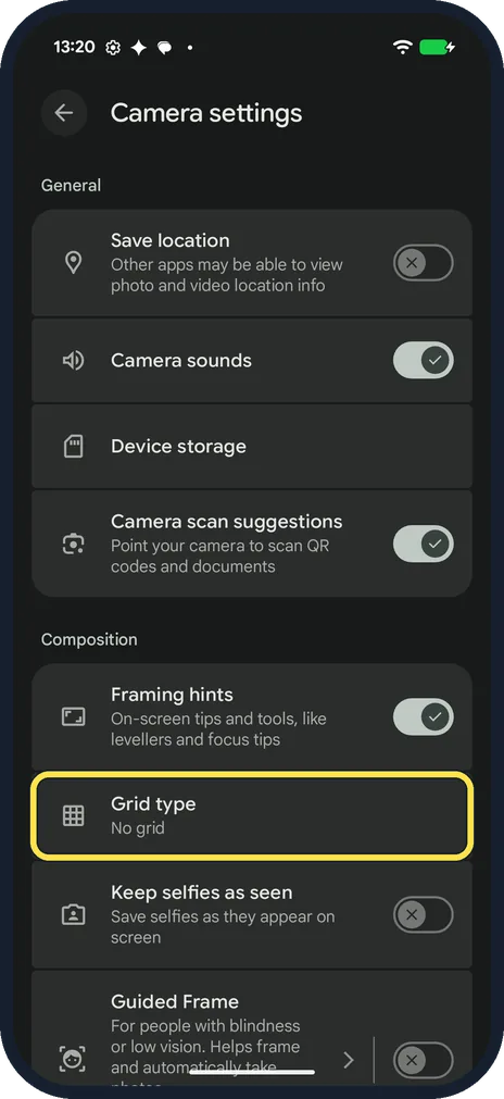 Android screenshot: Turn the grid off again
