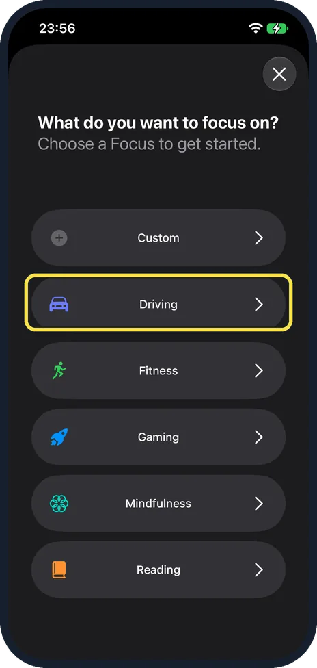 iPhone screen: Tap Driving