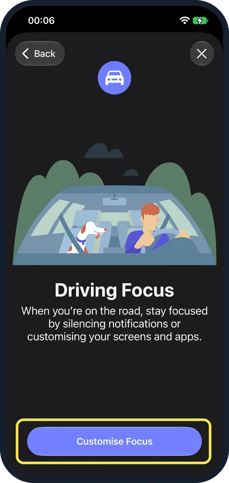 iPhone screen: Tap Customise Focus