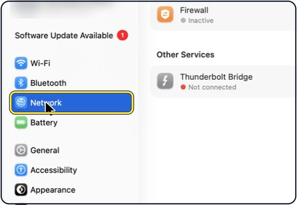 Part of the Mac System Settings window: Open System Settings and click Network