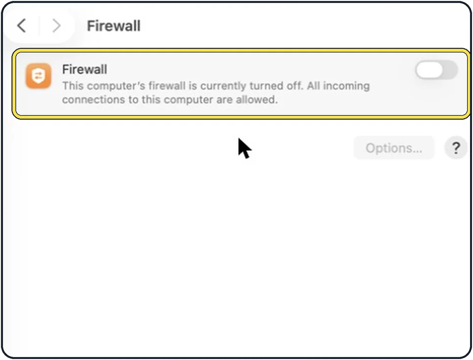 Part of the Mac System Settings window: Click Firewall and switch it on