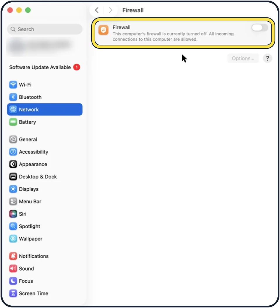 Mac screenshot: Click Firewall and switch it on